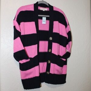 Loft Women's Pink and Black Striped Sweater